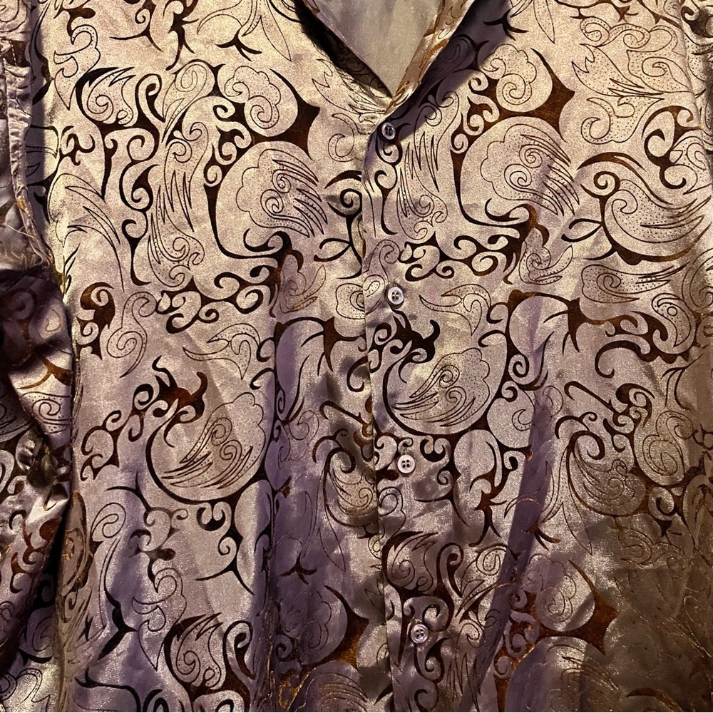 Pronti Collection Brown Satin Burnout Paisley Button Up Shirt Men’s 3XL Y2K - Picture 6 of 7